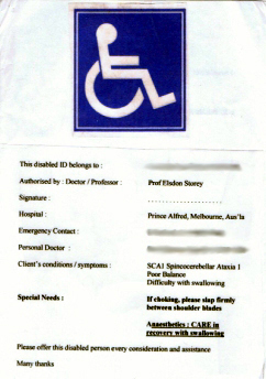 ID card from Neurologist stating owner has SCA